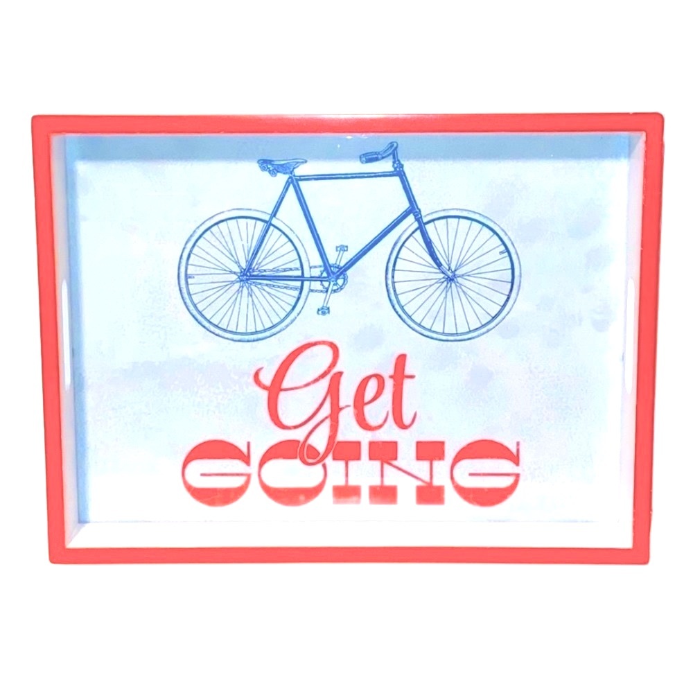 Heavy Wooden & Glass Bicycle “Get Going” Serving Tray • Weighs 3.2 lbs